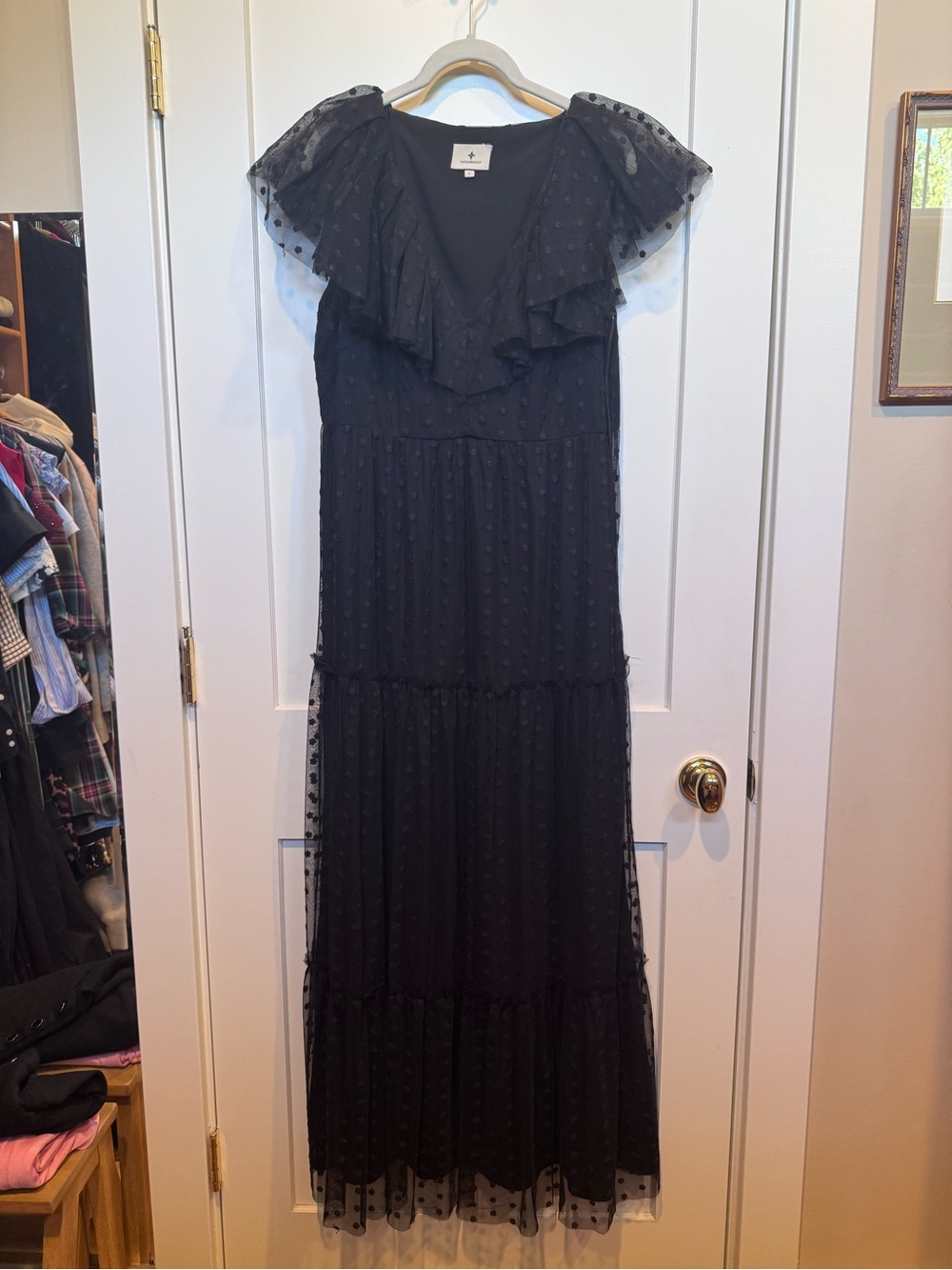 Tuckernuck Elegant Black Ruffle Maxi Dress - Polka Dot Mesh
